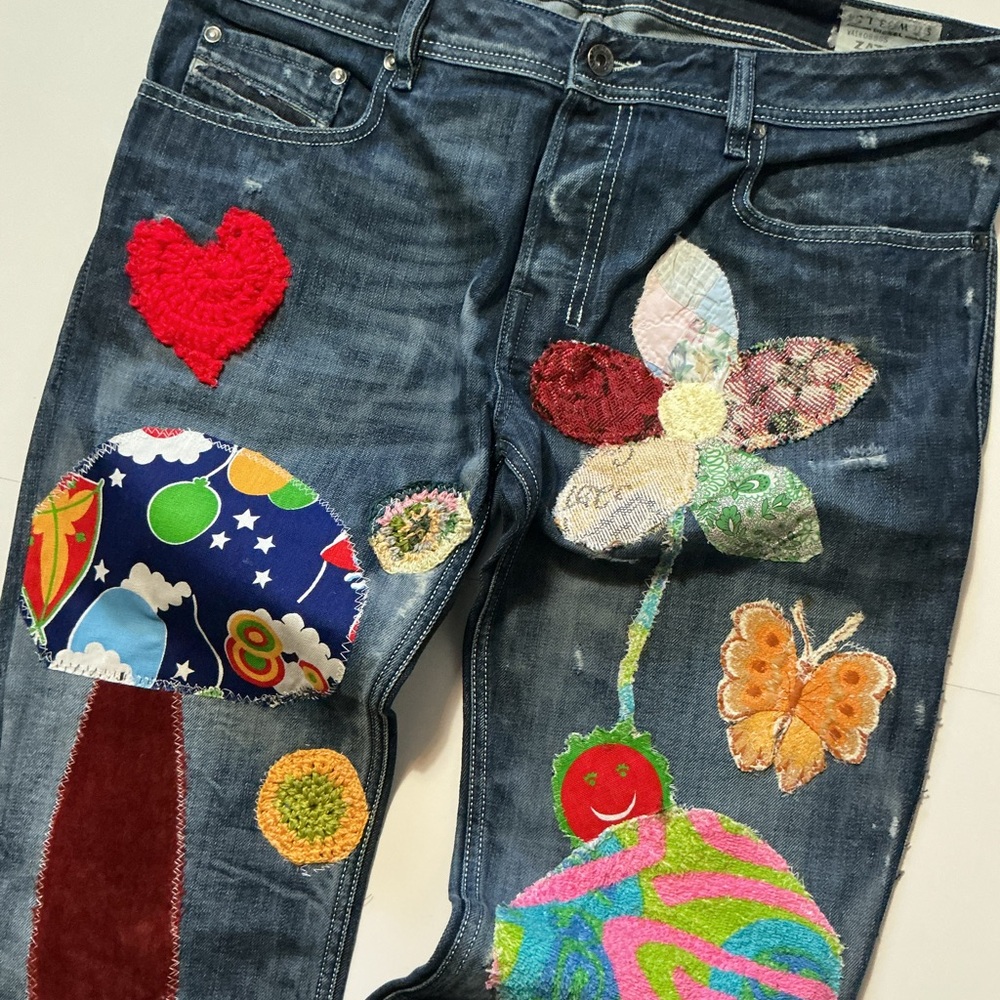 Diesel Zathan Bootcut Mushroom Shrooms Butterfly Floral Patchwork Denim Jeans - Picture 5 of 7